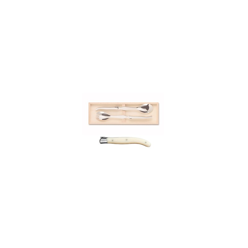 Wood box of Laguiole salad service stainless steel bolster ivory handle