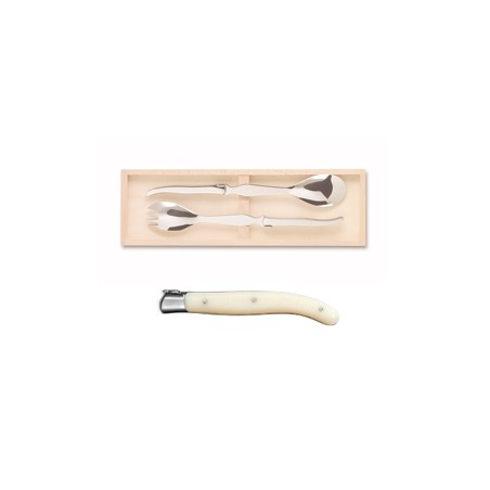 Wood box of Laguiole salad service stainless steel bolster ivory handle