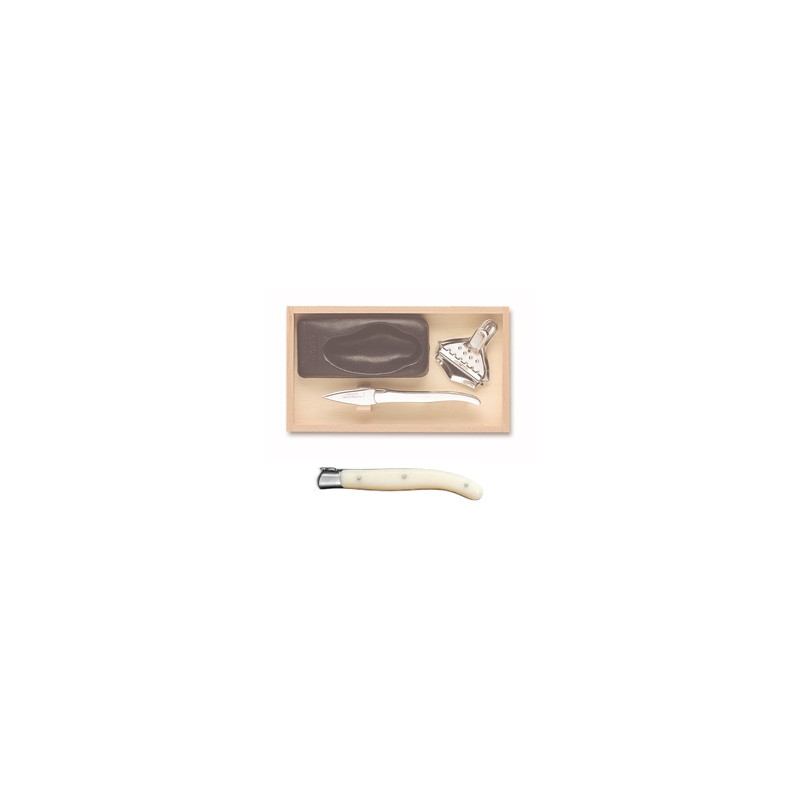 Wood box of Laguiole oyster set stainless steel bolster ivory handle