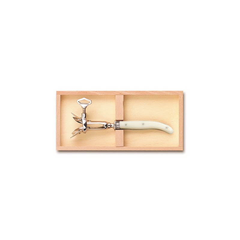 Coffret hêtre fer à gigot Laguiole mitre inox manche nacrine ivoirine Coffret hêtre fer à gigot Laguiole mitre inox manche nacrine ivoirine
