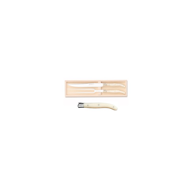 Coffret hêtre service à découper 2 pièces super Laguiole mitre inox manche nacrine ivoirine