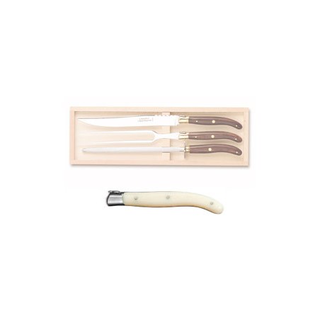 Coffret hêtre service à découper 3 pièces super Laguiole mitre inox manche nacrine ivoirine