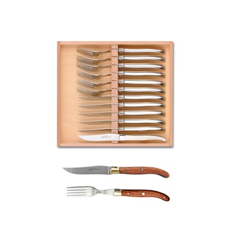 Wood box of Laguiole 6 knives + 6 forks brass bolster
