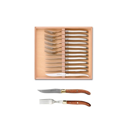 Wood box of Laguiole 6 knives + 6 forks brass bolster