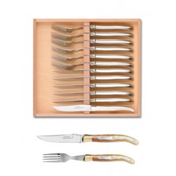 Wood box of Laguiole 6 knives + 6 forks brass bolster