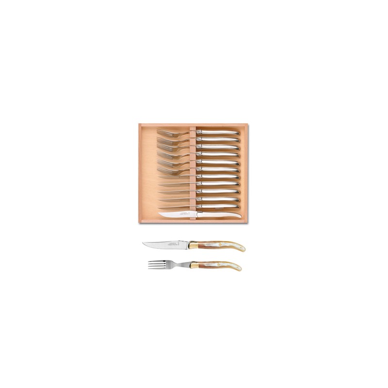 Wood box of Laguiole 6 knives + 6 forks brass bolster