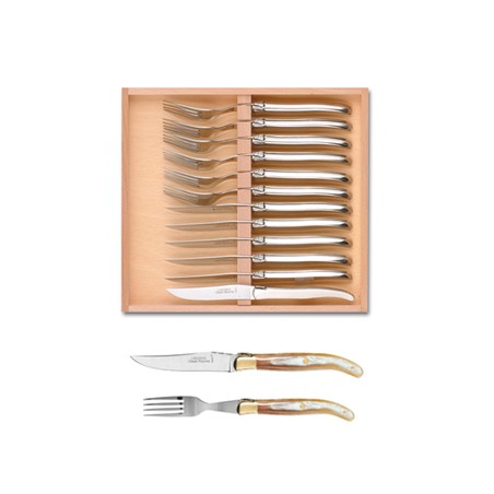 Coffret hêtre 6 couteaux et 6 fourchettes super Laguiole mitre laiton