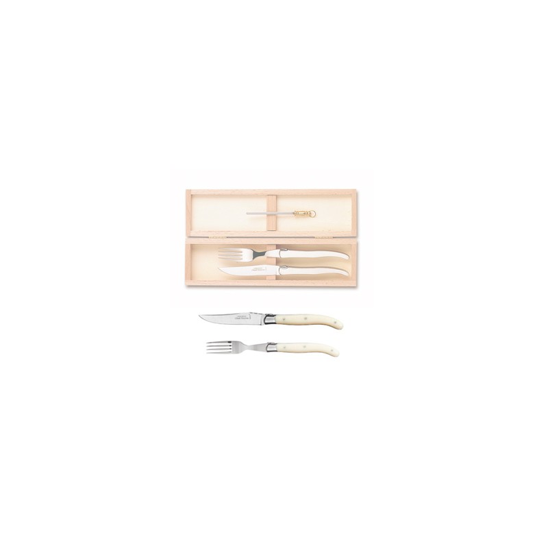 Coffret hêtre 1 couteau et 1 fourchette super Laguiole mitre inox + mini fusil manche nacrine ivoirine