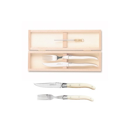 Wood box of 1 Laguiole knife + 1 fork stainless steel bolster ivory handle + 1 small sharpener
