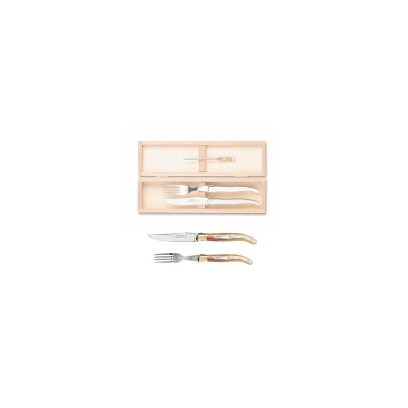 Wood box of 1 Laguiole knife + 1 fork brass bolster + 1 small sharpener