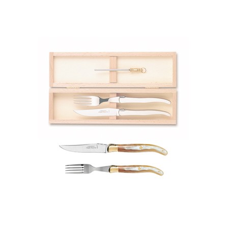 Wood box of 1 Laguiole knife + 1 fork brass bolster + 1 small sharpener