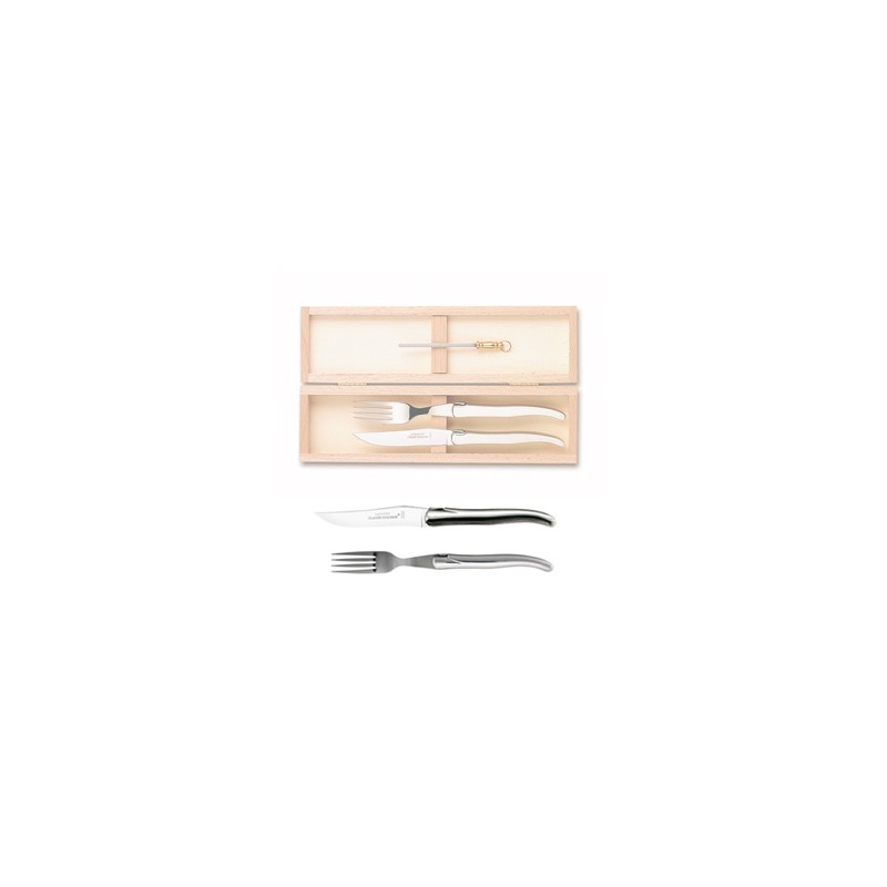 Wood box of 1 Laguiole knife + 1 fork no bolster + 1 small sharpener