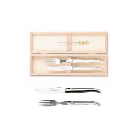 Wood box of 1 Laguiole knife + 1 fork no bolster + 1 small sharpener