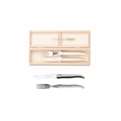 Wood box of 1 Laguiole knife + 1 fork no bolster + 1 small sharpener