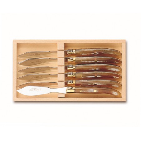 Wood box of 6 Laguiole fish knives brass bolster