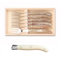 Wood box of 6 Laguiole fish forks stainless steel bolster ivory handle