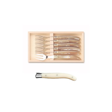 Wood box of 6 Laguiole fish forks stainless steel bolster ivory handle