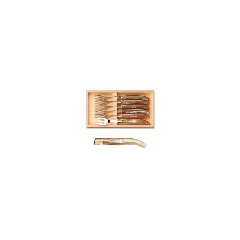 Wood box of 6 Laguiole fish forks brass bolster