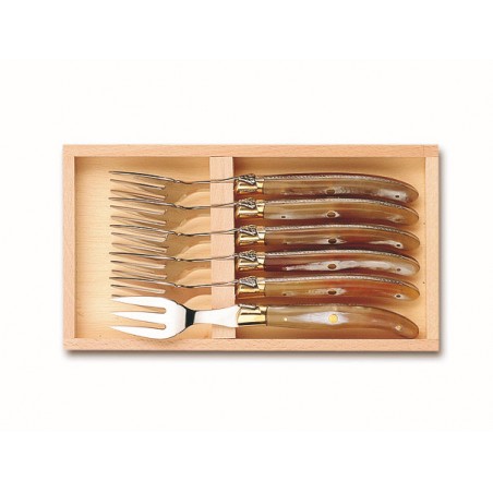 Wood box of 6 Laguiole fish forks brass bolster