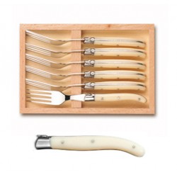 Coffret hêtre 6 fourchettes dessert super Laguiole mitre inox manche nacrine ivoirine