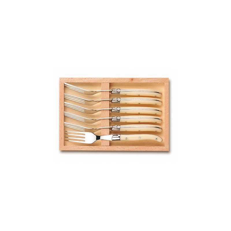 Wood box of 6 Laguiole salad forks stainless steel bolster ivory handle
