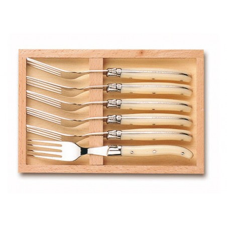 Wood box of 6 Laguiole salad forks stainless steel bolster ivory handle