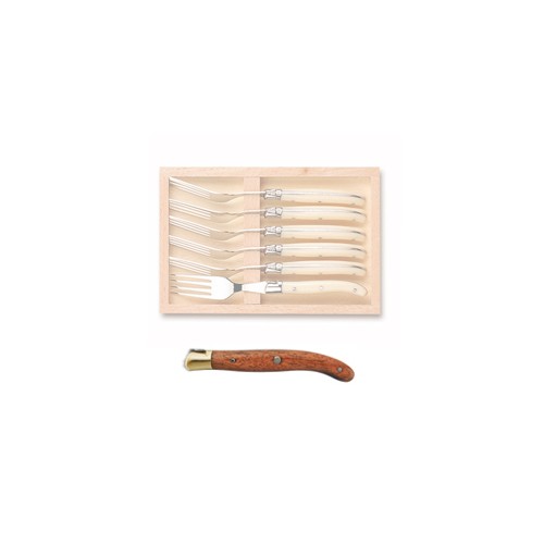 Wood box of 6 Laguiole salad forks brass bolster