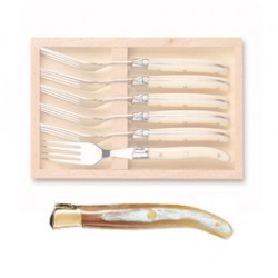 Wood box of 6 Laguiole salad forks brass bolster
