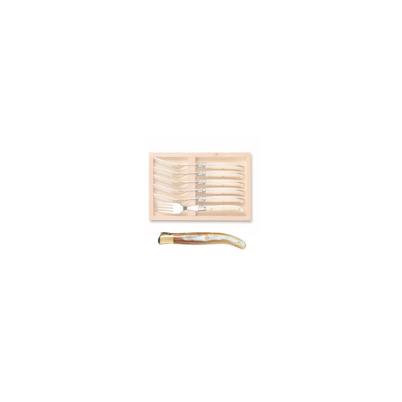 Wood box of 6 Laguiole salad forks brass bolster
