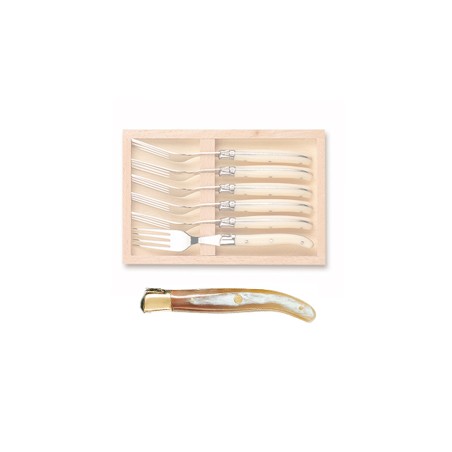 Wood box of 6 Laguiole salad forks brass bolster