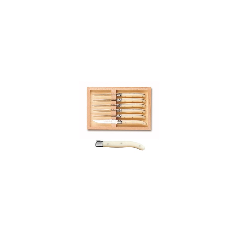 Wood box of 6 Laguiole salad knives stainless steel bolster ivory handle