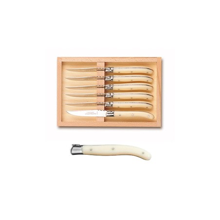 Wood box of 6 Laguiole salad knives stainless steel bolster ivory handle