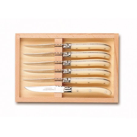 Wood box of 6 Laguiole salad knives stainless steel bolster ivory handle