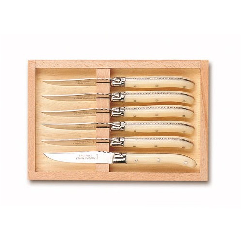 Wood box of 6 Laguiole salad knives stainless steel bolster ivory handle