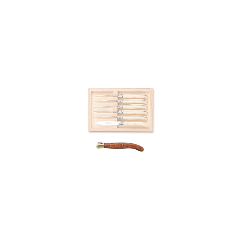 Wood box of 6 Laguiole salad knives brass bolster