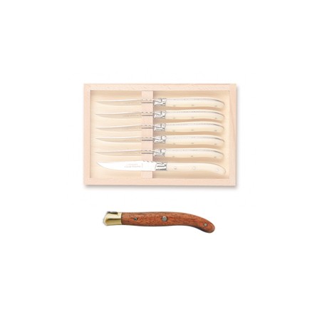 Wood box of 6 Laguiole salad knives brass bolster