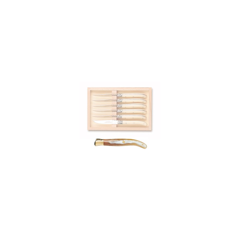 Coffret hêtre 6 couteaux dessert super Laguiole mitre laiton