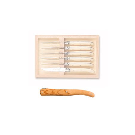 Coffret hêtre 6 couteaux dessert super Laguiole plein manche Coffret hêtre 6 couteaux dessert super Laguiole plein manche
