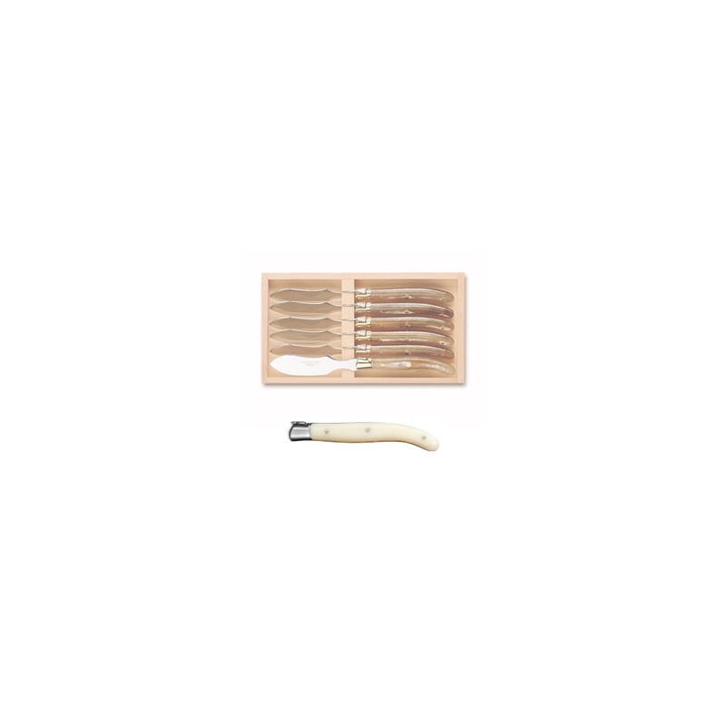 Coffret hêtre couteau à découper super Laguiole mitre inox manche nacrine ivoirine Coffret hêtre couteau à découper super Laguiole mitre inox manche nacrine ivoirine