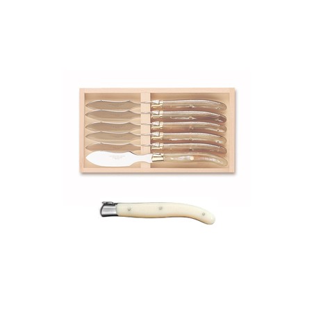 Wood box of 6 Laguiole individual foie gras knives stainless steel bolster ivory handle