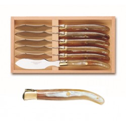 Wood box of 6 Laguiole individual foie gras knives brass bolster