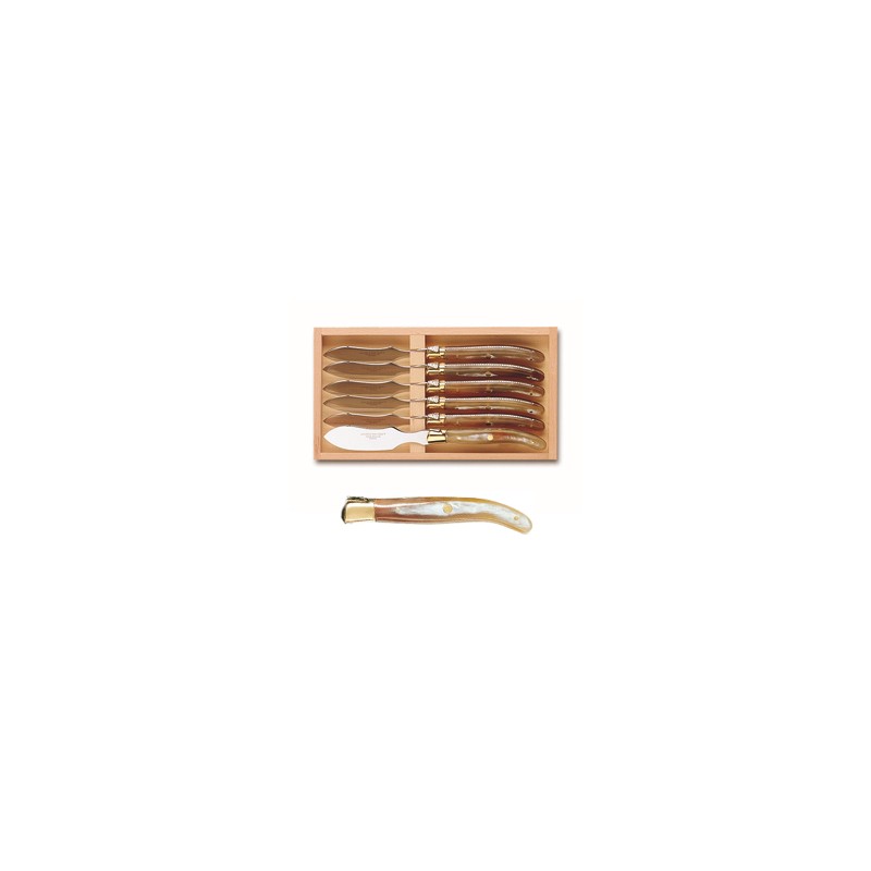 Wood box of 6 Laguiole individual foie gras knives brass bolster