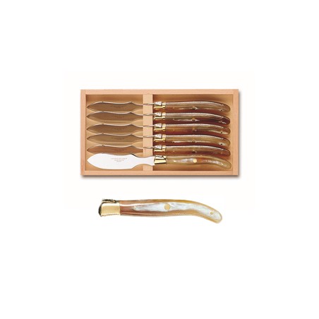 Wood box of 6 Laguiole individual foie gras knives brass bolster