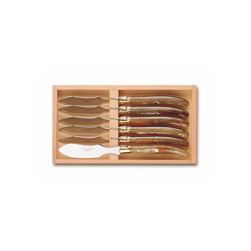 Wood box of 6 Laguiole individual foie gras knives brass bolster