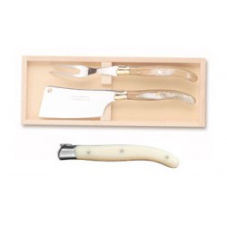 Wood box of Laguiole cheese service stainless steel bolster ivory handle