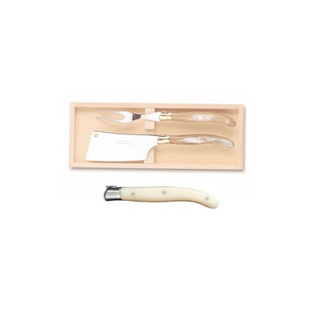 Wood box of Laguiole cheese service stainless steel bolster ivory handle