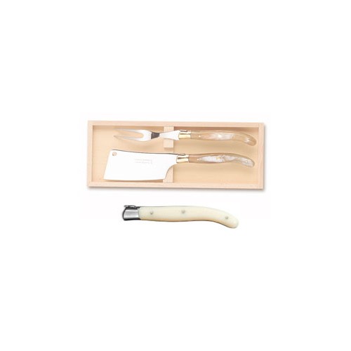 Wood box of Laguiole cheese service stainless steel bolster ivory handle