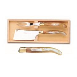 Wood box of Laguiole cheese service brass bolster
