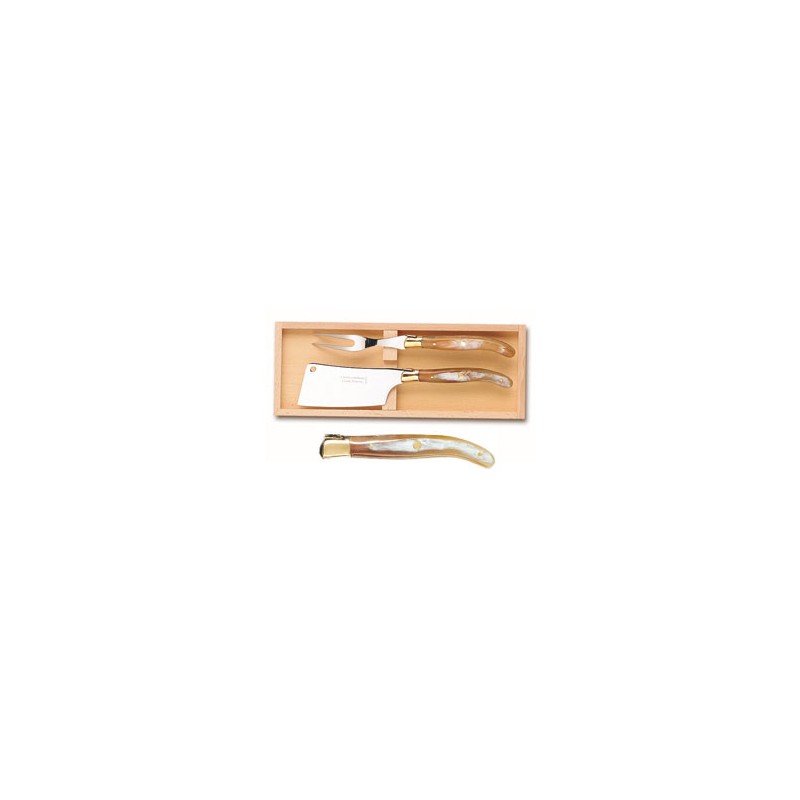 Wood box of Laguiole cheese service brass bolster