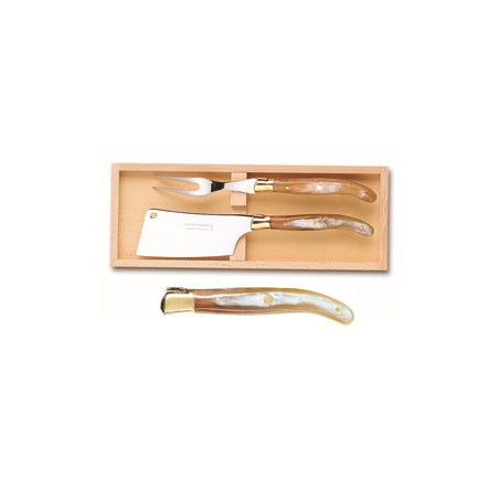 Wood box of Laguiole cheese service brass bolster